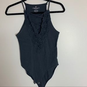 Lace Cross Navy Blue Tank Bodysuit